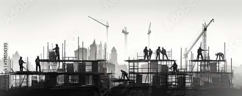 Flat illustration with silhouettes of builders, cranes and construction sites on a white background. Banner. The concept of new construction. photo