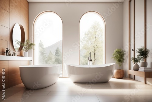 Interior home design of modern bathroom with white elliptical bathtub and houseplants by a large window