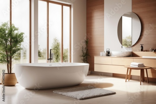 Interior home design of modern bathroom with white elliptical bathtub and houseplants by a large window
