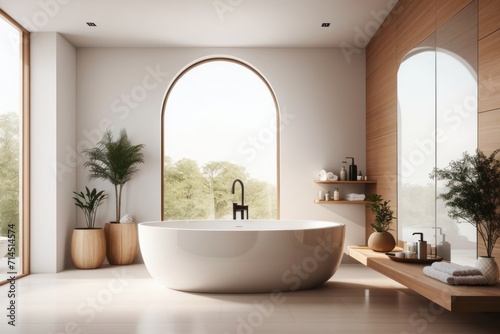 Interior home design of modern bathroom with white elliptical bathtub and houseplants by a large window