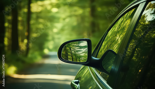 Side mirror on a green car in the forest photo
