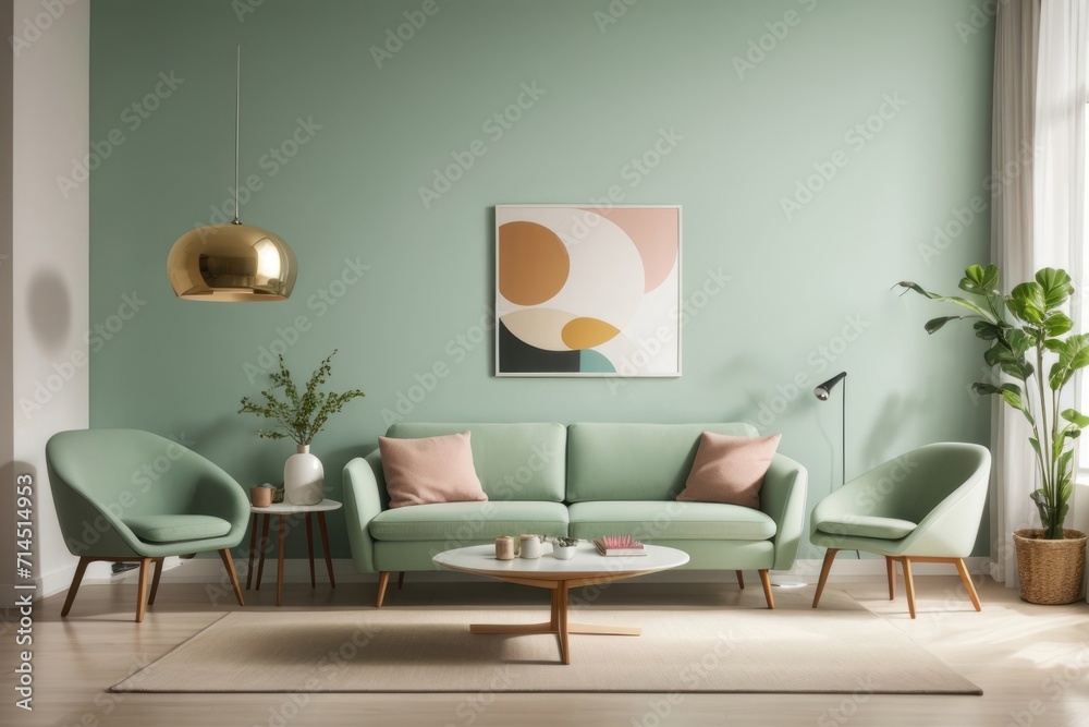 Obraz premium Scandinavian Interior home design of modern living room with green sofa chairs and round table with green wall with art frame poster