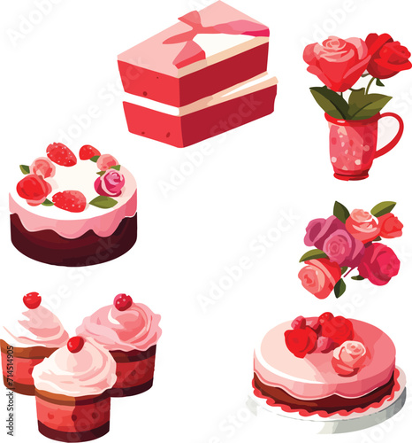 Vector set of valentine cake, three cup chocolate cake, chocolate cake, cake with flower decoration, flower vase, flower bouquet
