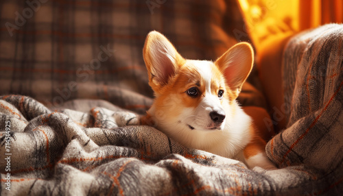 Concept of the National Pet Day. Corgi puppy lies on a cozy sofa covered with a plaid in a living room © mikhailberkut