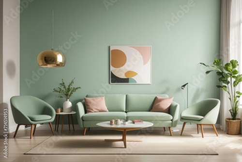 Scandinavian Interior home design of modern living room with green sofa chairs and round table with green wall with art frame poster