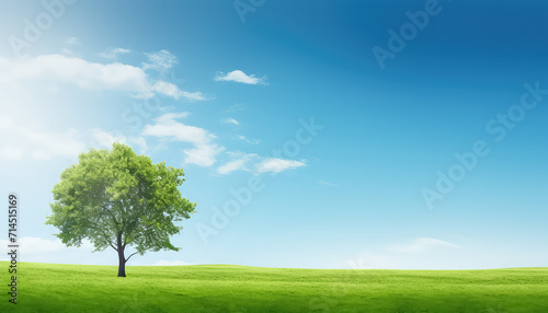 Lonely tree on the background of the sky and meadow in summer
