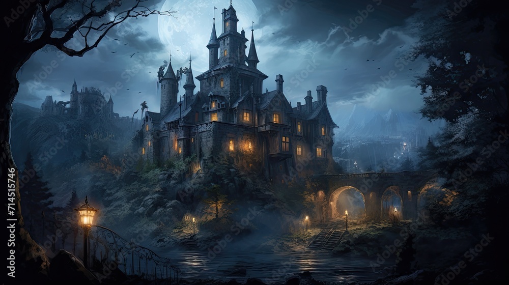 A haunted castle with creaking doors and ghostly apparitions