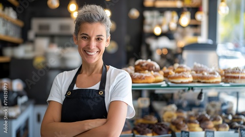 Smiling woman posing at a doughnut shop looking at the camera 