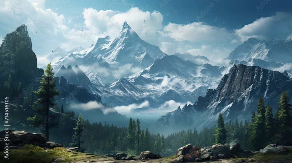 A majestic mountain range with snow capped peaks