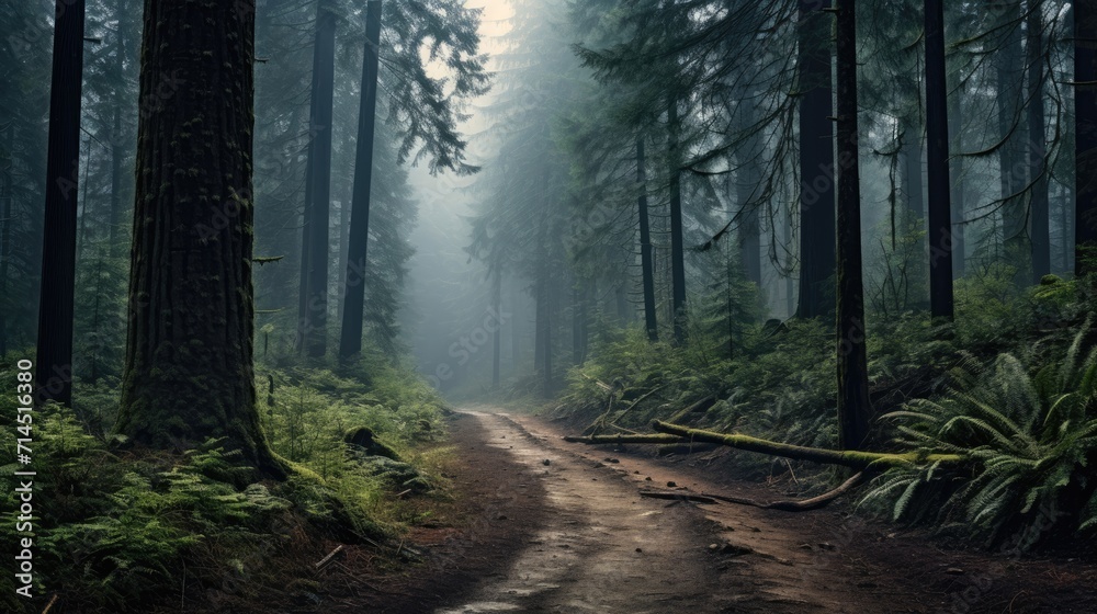 A misty forest with towering trees and a winding path - obrazy, fototapety, plakaty 