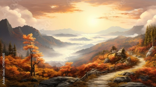 A misty autumn landscape with a path and a view of mountains in the background
