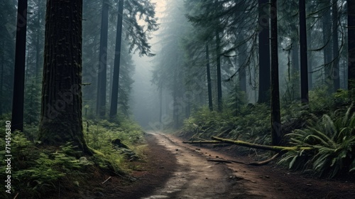 A misty forest with towering trees and a winding path photo