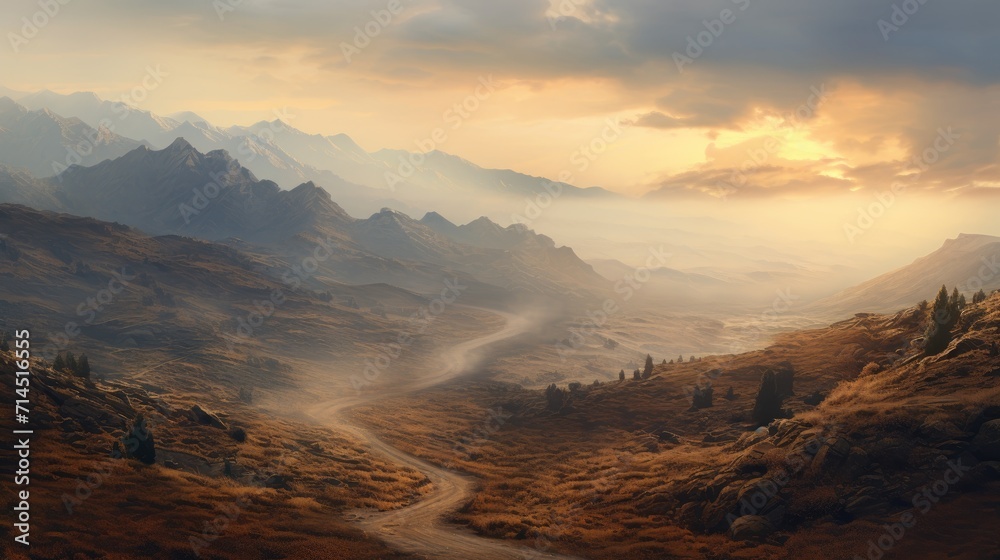 A misty mountain landscape with a winding road