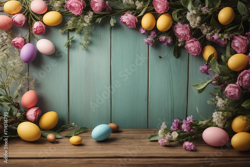 Emmpty wooden table background - easter spring theme photo