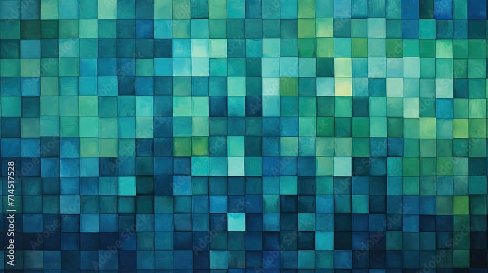 A pattern of squares in shades of blue and green