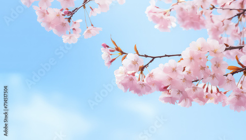 Blooming pink cherry blossoms on the background of the sky