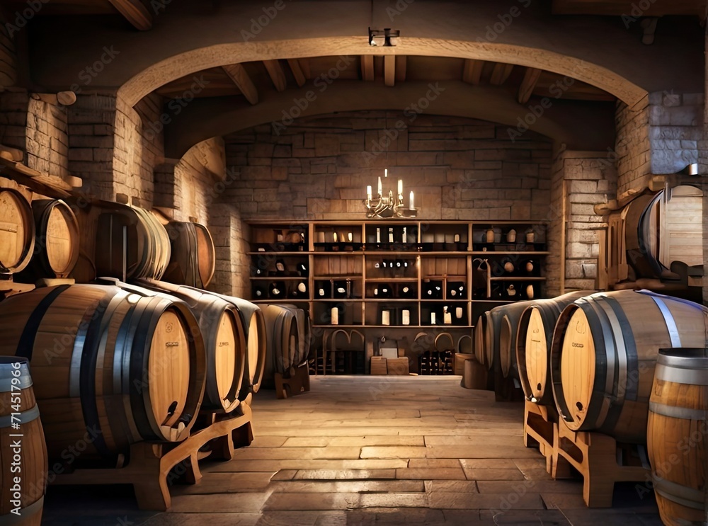 Winery, wine cellar with wooden wine barrels.-
