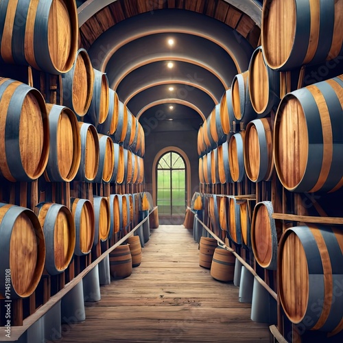 Winery  wine cellar with wooden wine barrels.-