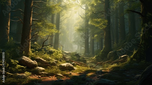A dense forest with towering trees and dappled sunlight