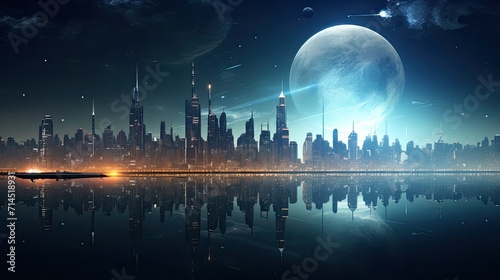 A futuristic cityscape at night with a view of the skyline and reflections in the water