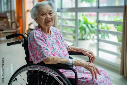 Photo of an old woman sitting in a wheelchair