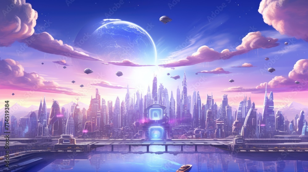 A futuristic cityscape with a purple sky and flying cars