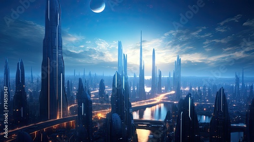 A futuristic cityscape with a blue sky and glowing buildings