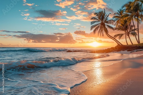 A serene beach sunset scene with palm trees and ocean waves. AI generative