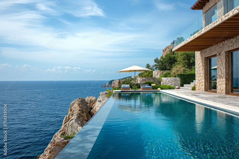 A luxury hotel overlooking the ocean with a private infinity pool. AI generative