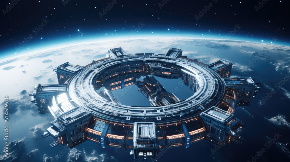 A futuristic space station with a view of earth in the background