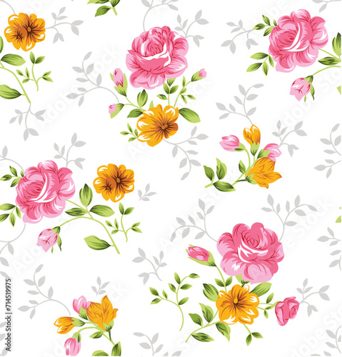 allover vector pink flower pattern on white background