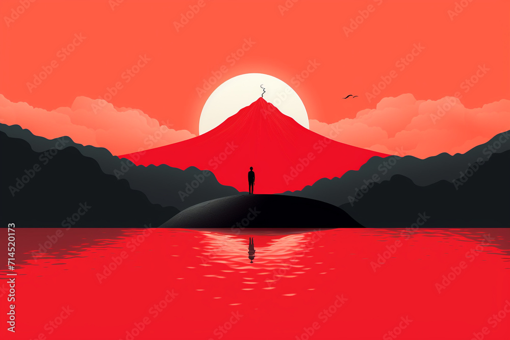 Fantasy, states of mind, modern art concept. Abstract and minimalist colorful landscape illustration with copy space. Various surreal geometric shape elements, vivid colors