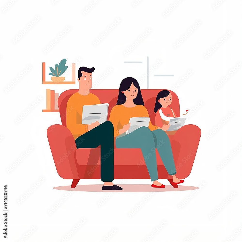 A couple sits with their child on a sofa on the terrace A couple sits with their child on a sofa on the terrace