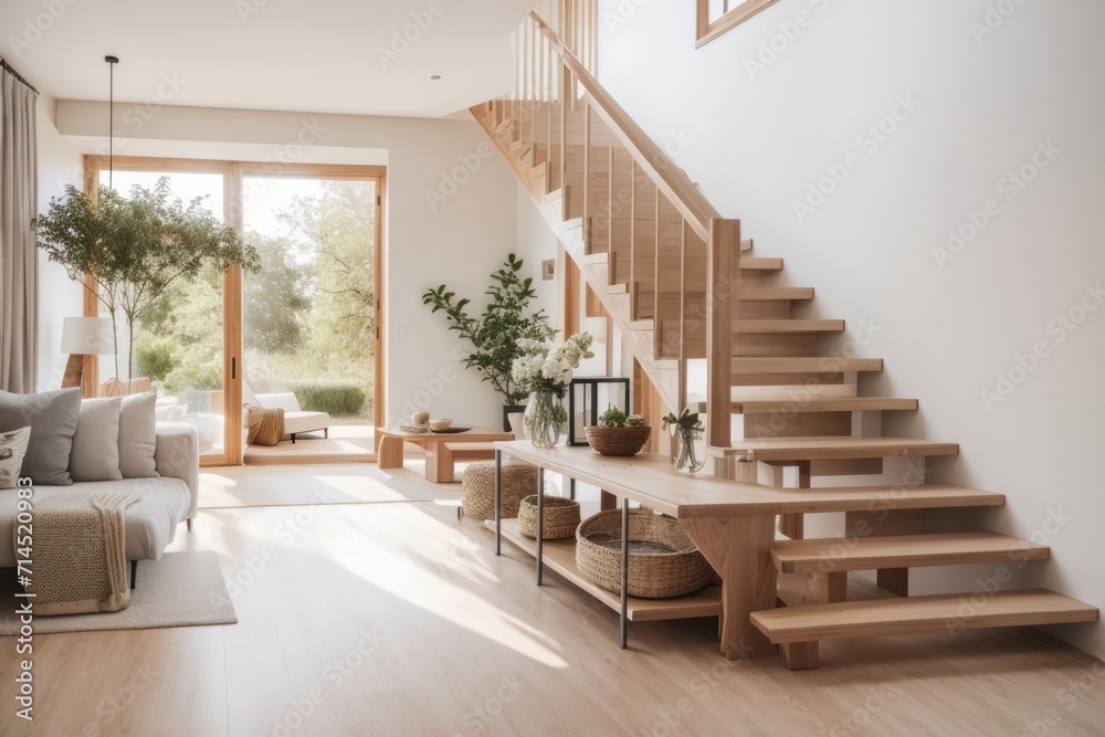 Fototapeta premium Farmhouse Interior home design of modern entrance hall with wooden decoration and wooden staircase