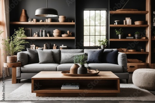 Farmhouse interior home design of modern living room with gray sofa and rustic barn wood table with wooden furniture shelves against black wall