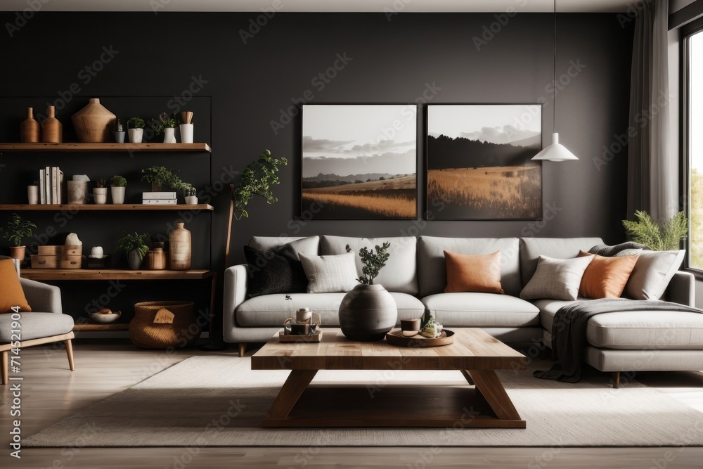 Fototapeta premium Farmhouse interior home design of modern living room with gray sofa and rustic barn wood table with wooden furniture shelves against black wall