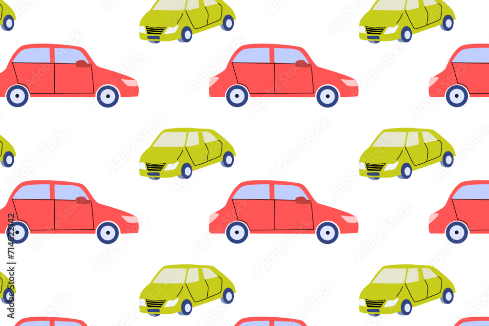 Car collection childish pattern. Auto side view. Red and green automobile seamless background. Vector illustration in flat style. Can using for kids boy textile, poster, greeting card. 