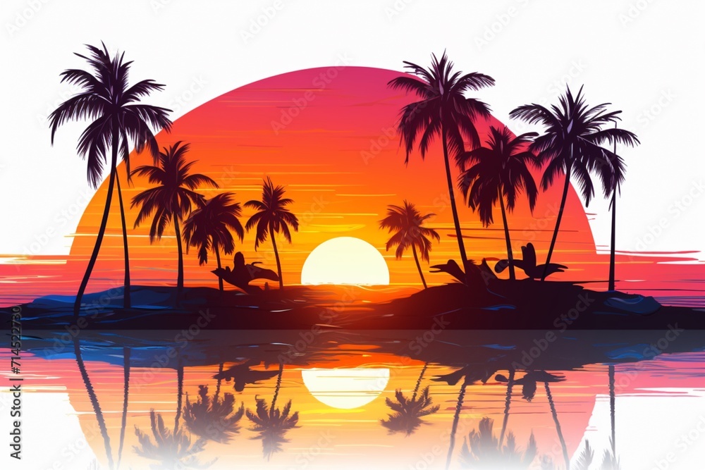 Hawaiian Sunset with palm trees illustration on a white solid background with a drop shadow