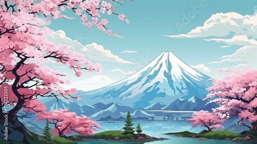vector   illustration green mountain in japan with tree flower sakura , Generate Ai © Demar