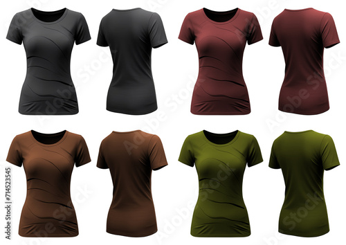Set of Dark red brown green front, back t-shirt woman cutout on transparent background. Mockup template product presentation.