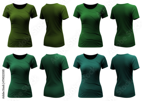 Set of Blue lime green dark front, back t-shirt woman cutout on transparent background. Mockup template product presentation.