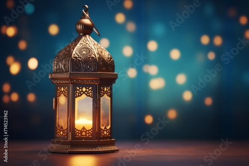 Islamic golden lantern standing with candlelight and Arab ornament on a Ramadan Kareem background