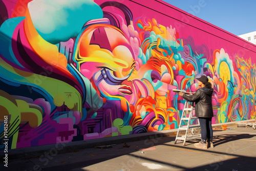 Artist Painting Colorful Mural on Urban Wall. photo