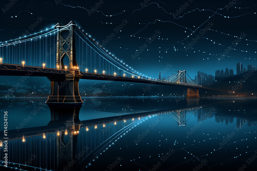 Illuminated Bridge at Night with City Reflection.