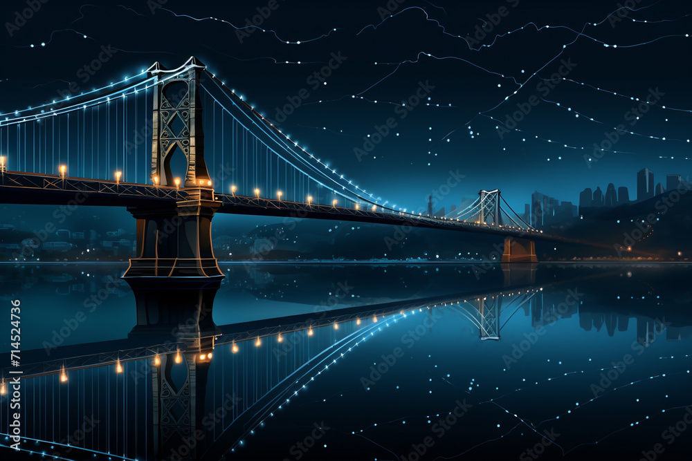 Fototapeta premium Illuminated Bridge at Night with City Reflection.