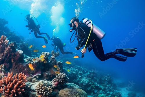 Scuba Divers Exploring Coral Reef.