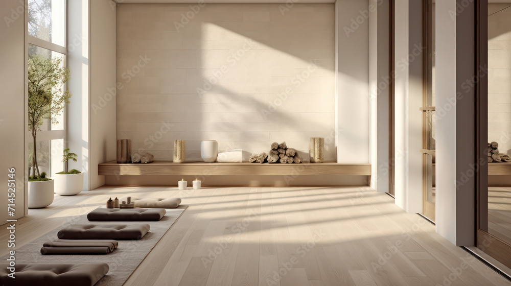 Fototapeta premium Spacious and tranquil Zen-inspired spa interior with natural light and minimalist decor
