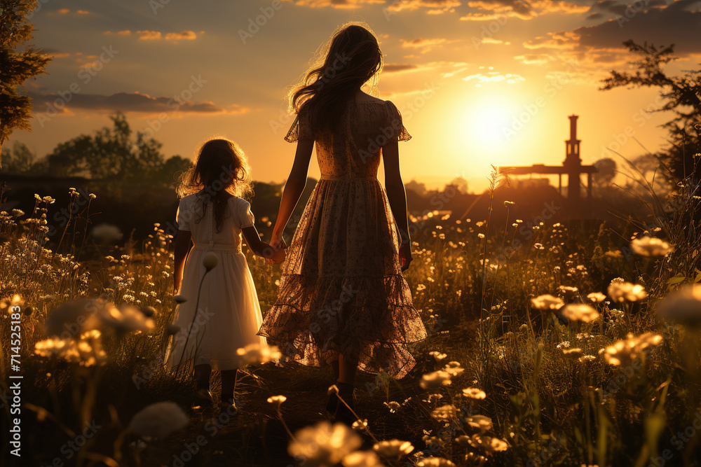 Mother and daughter moment, holding hands while strolling through a vibrant flower field at sunset - obrazy, fototapety, plakaty 