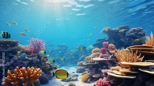 A bustling underwater scene of a coral reef teeming with colorful tropical fish.