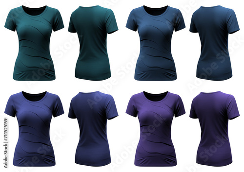 Set of Blue turquoise purple dark front, back t-shirt woman cutout on transparent background. Mockup template product presentation.